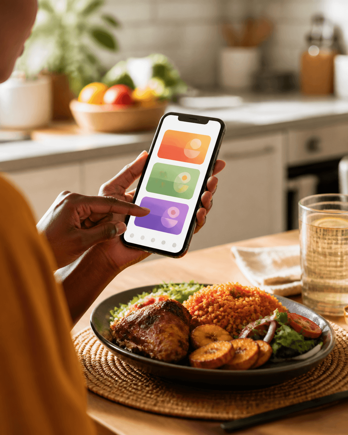 Téléphone affichant des cartes abstraites de repas près d'une assiette complète