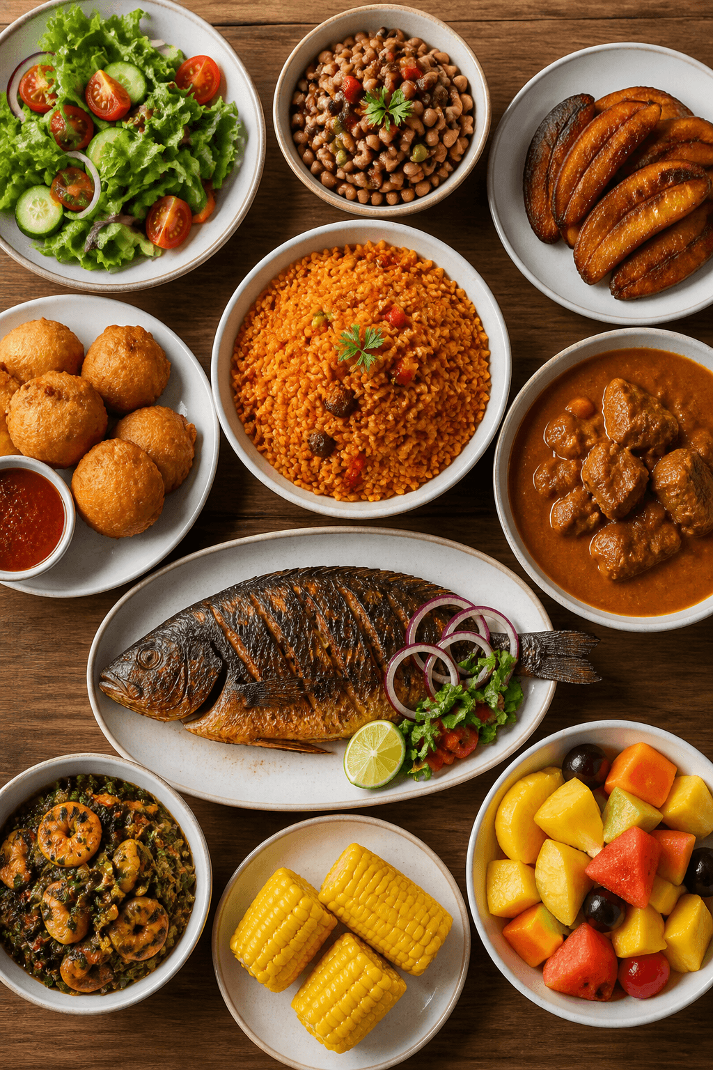 Sélection de plats africains et caribéens disposés sur une table