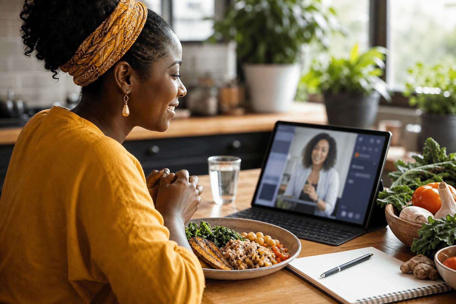 Consultation nutrition en visioconférence près d'un repas équilibré