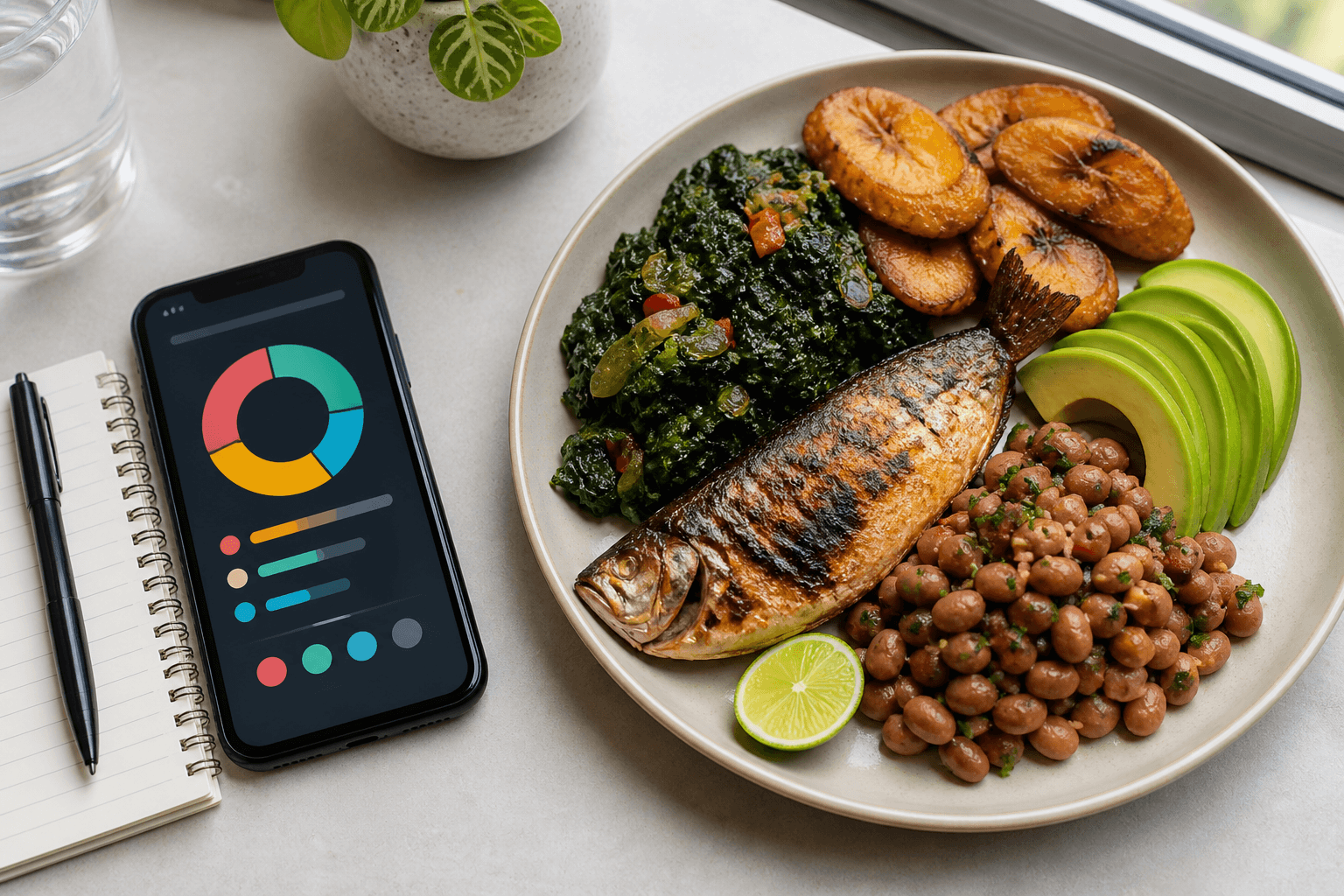 Assiette saine avec poisson grillé, légumes, haricots et téléphone affichant des graphiques abstraits