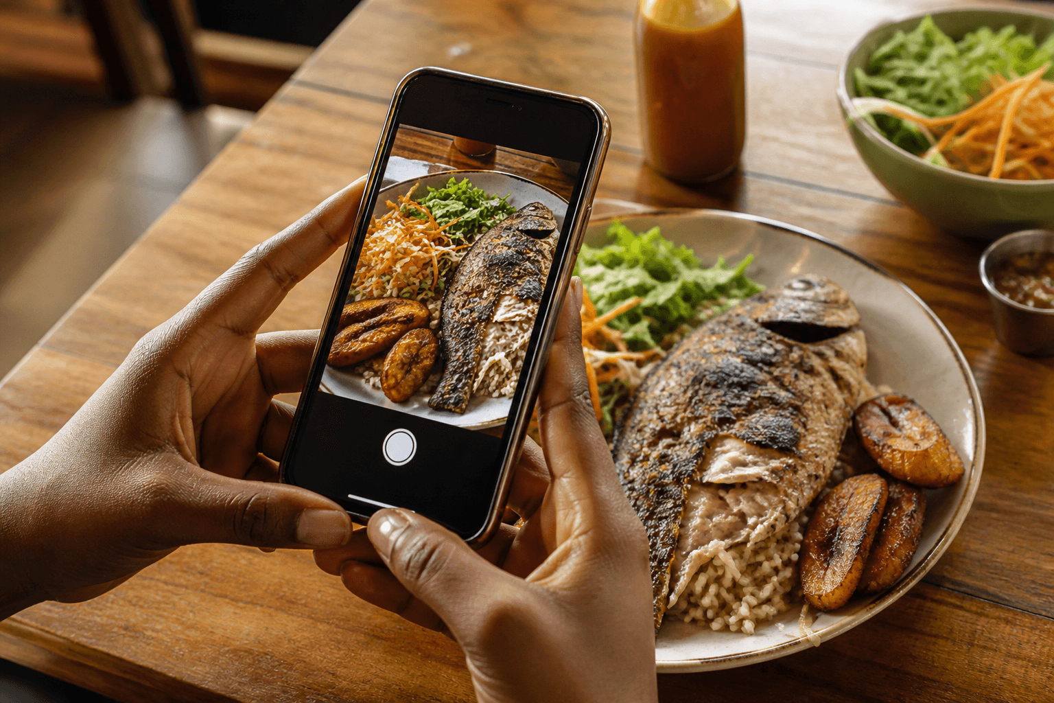 Téléphone photographiant une assiette de poisson grillé, riz, salade et bananes plantain