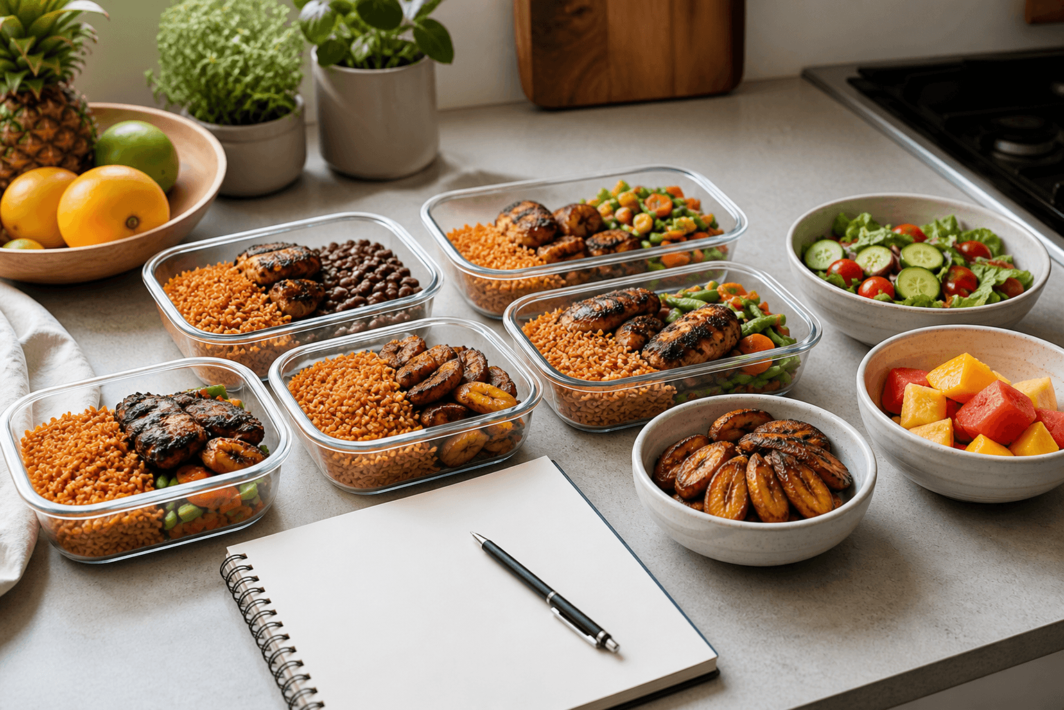 Repas préparés pour la semaine avec riz, poulet, haricots, légumes et fruits