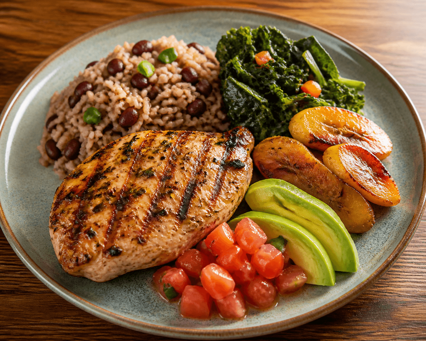 Assiette équilibrée avec poulet grillé, riz aux haricots, légumes verts, avocat et bananes plantain
