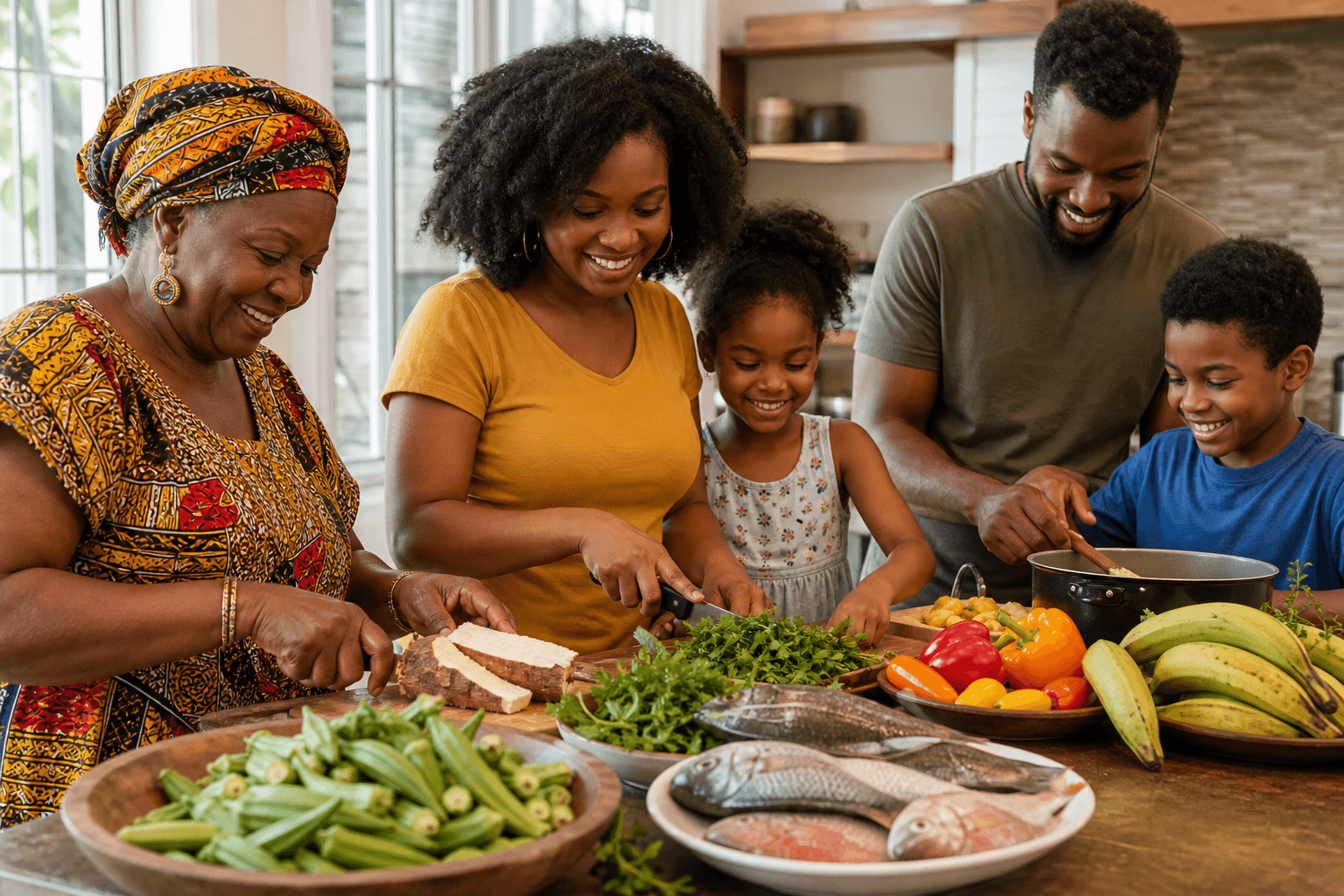 Famille cuisinant ensemble des ingrédients africains et caribéens dans une cuisine lumineuse