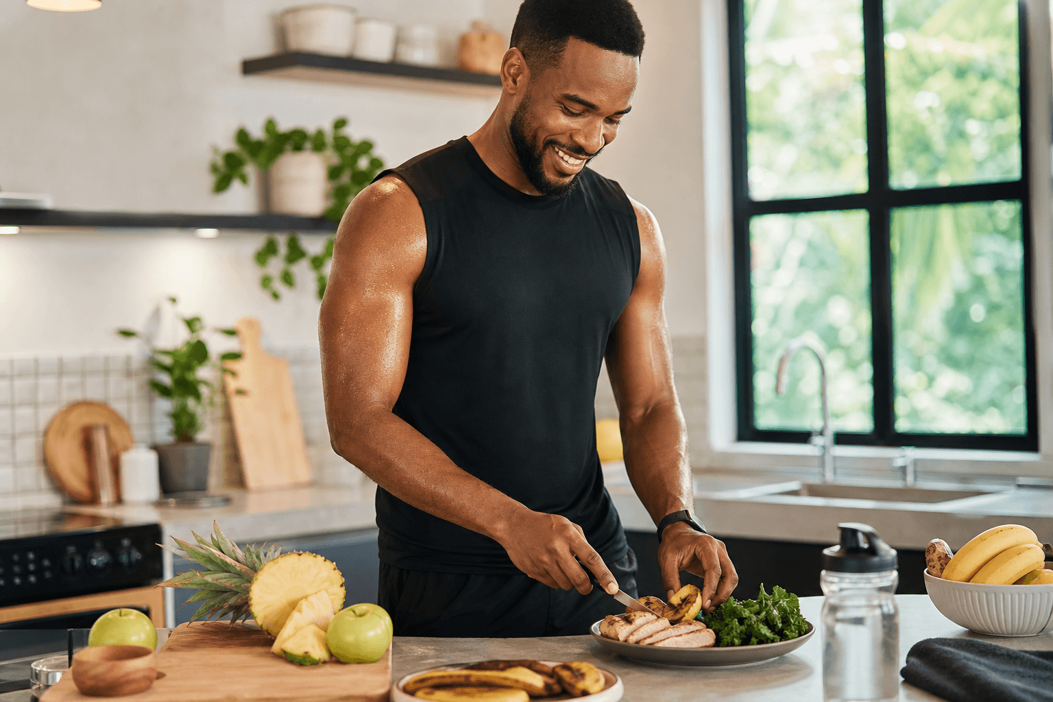 Personne sportive préparant un repas frais avec fruits, légumes, poulet grillé et bananes plantain