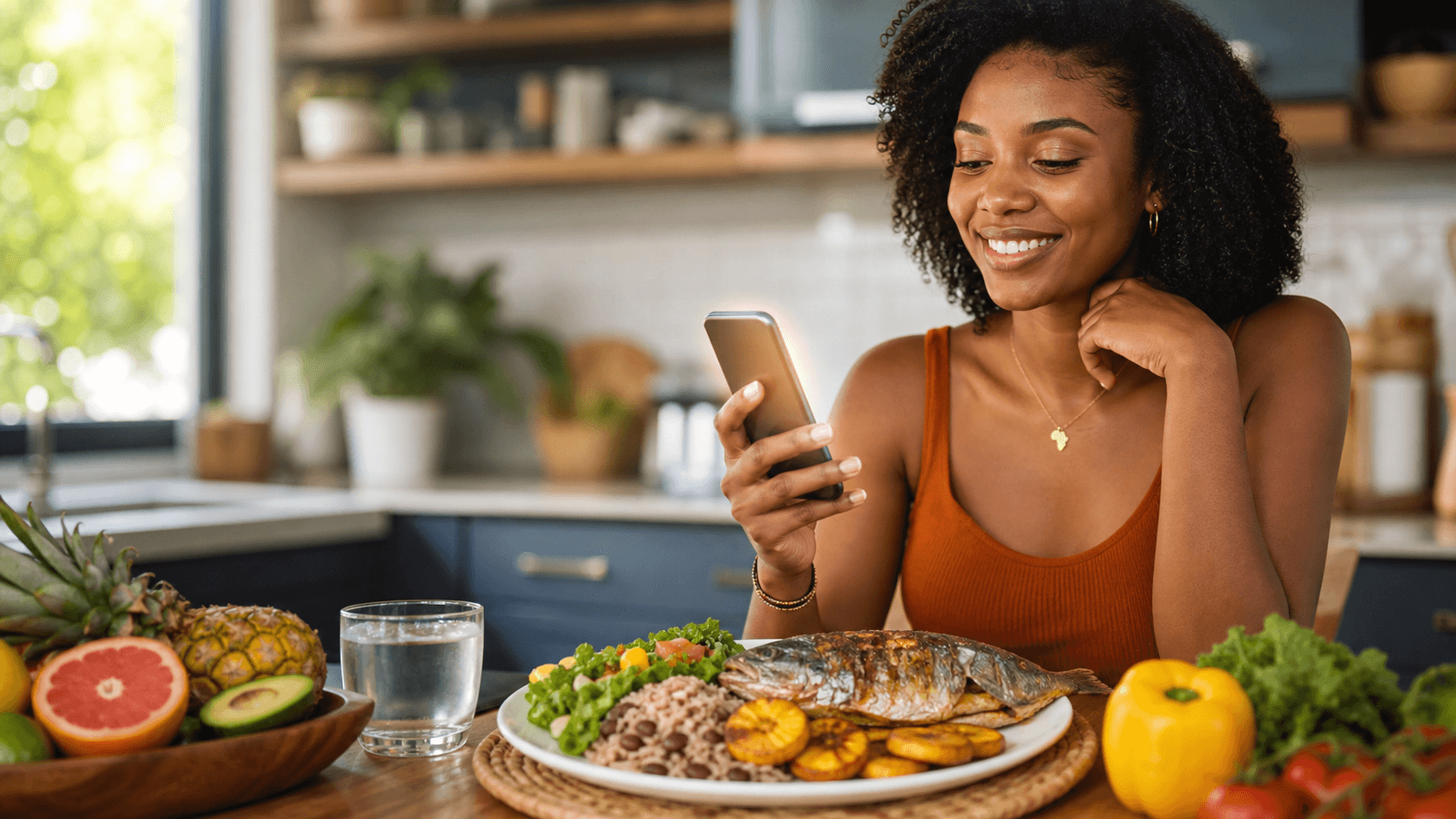Femme consultant une application nutrition près d'un repas africain et caribéen équilibré
