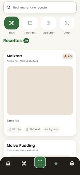 Écran de l'application mobile TropiNutri présentant le catalogue de recettes